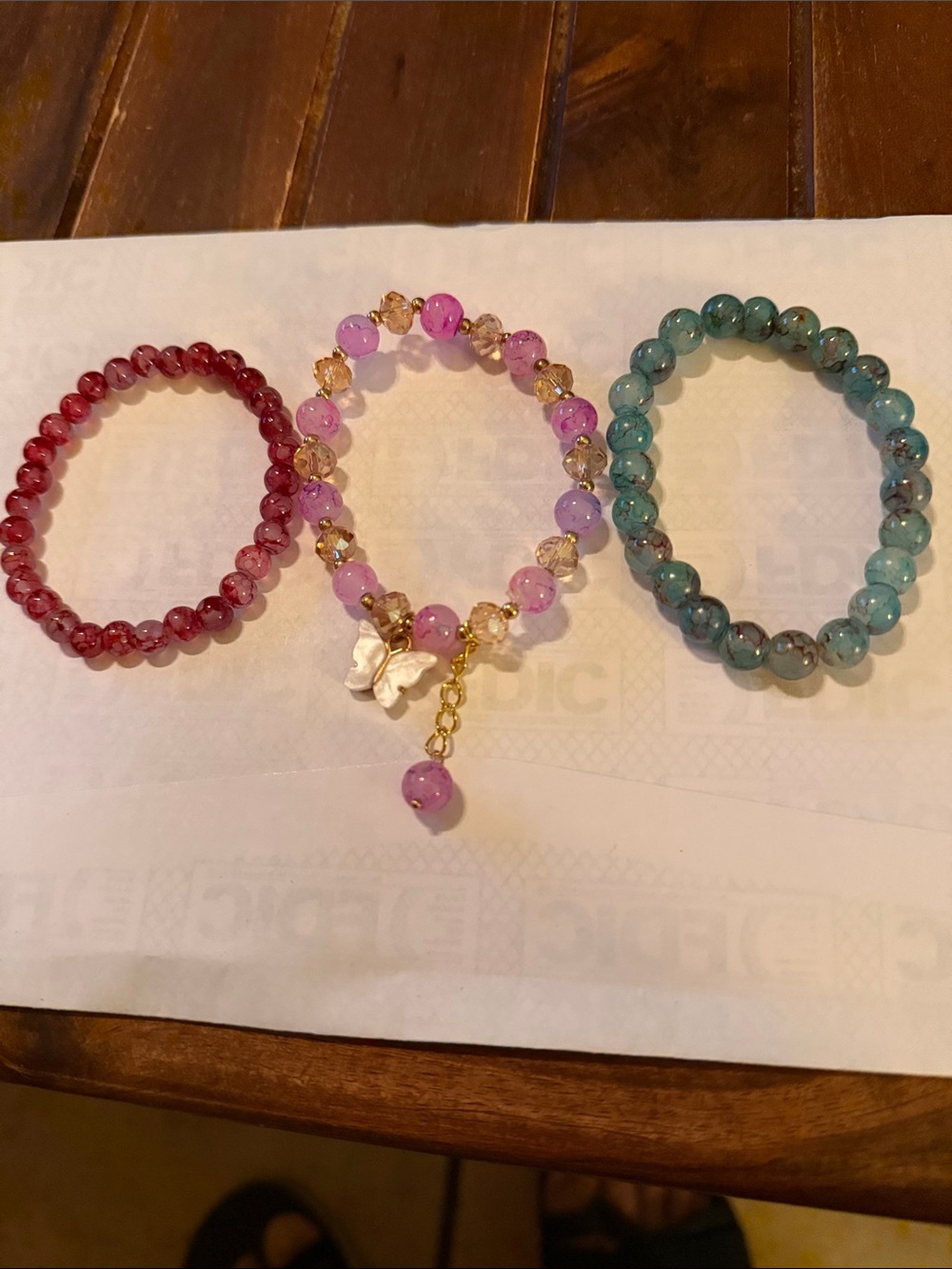 Pink Beaded Stretch Bracelet with Butterfly Charm - Women Jewelry